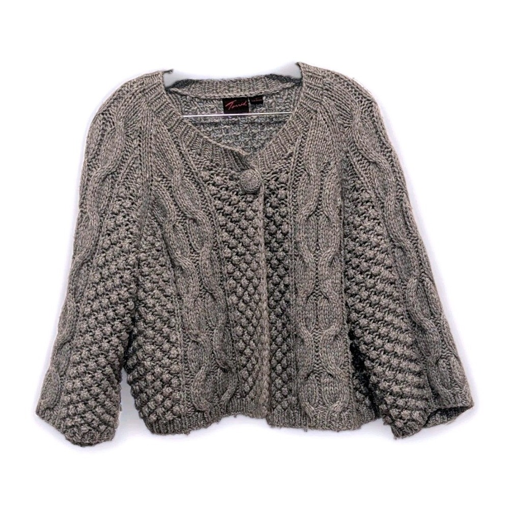Y2K Cable Knit Cardigan Torrid Plus 3x Gray Wool Fisherman Chunky Sweater